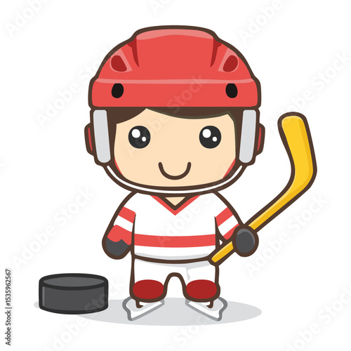 A cartoon hockey player ready to play. A cartoon hockey player with a happy face holding a hockey stick and puck