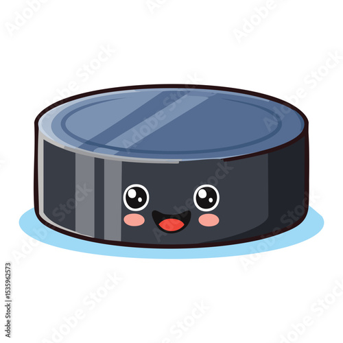 An adorable cartoon hockey puck smiling happily. The image of a hockey puck that has been turned into a happy and lively cartoon