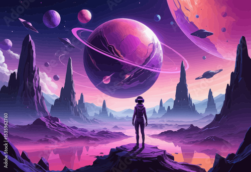 Astronaut Contemplating a Purple Alien Planet