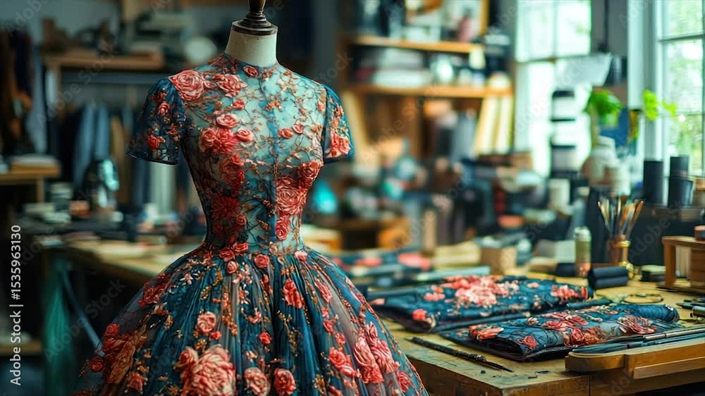 Exquisite floral embroidered gown on mannequin in a designer atelier