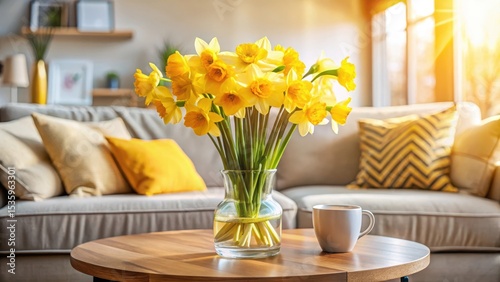 Wallpaper Mural Sunny yellow daffodils in a vase on a modern coffee table in a cozy living room with a warm and inviting atmosphere Torontodigital.ca