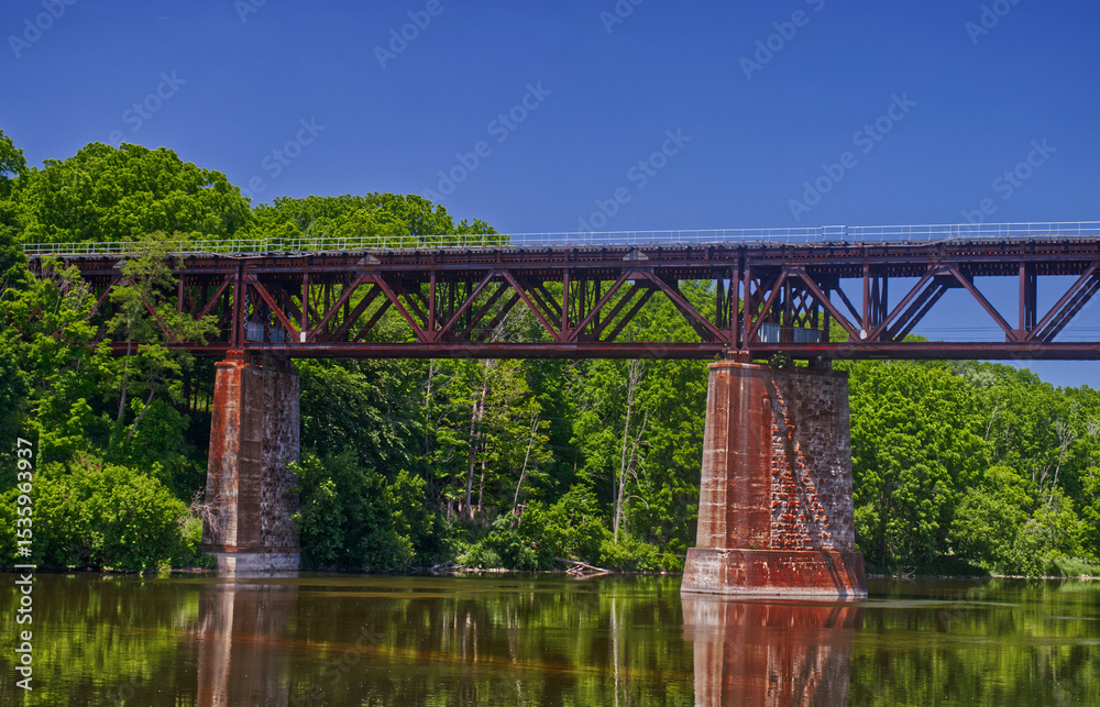 Fototapeta premium Water is still on the Grand river under the bridge meters before the Penman Falls, Paris, ON, Canada