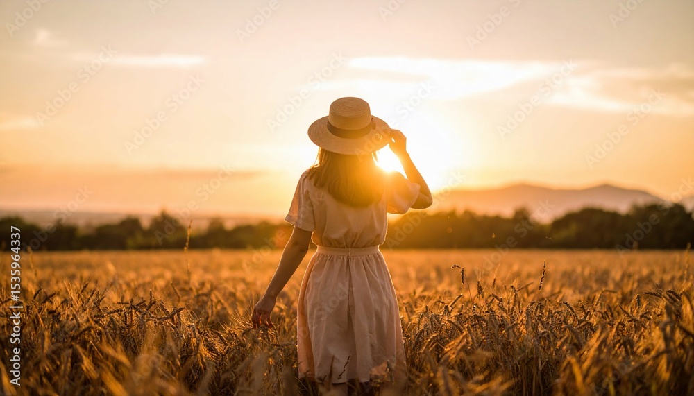 Fototapeta premium Woman in wheat field at sunset - works well for marketing materials