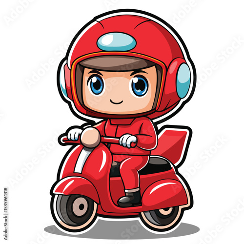 Cartoon character in red helmet and suit riding a red scooter
