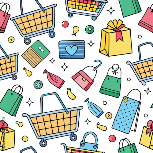 Colorful shopping pattern with shopping carts, gift bags, and accessories