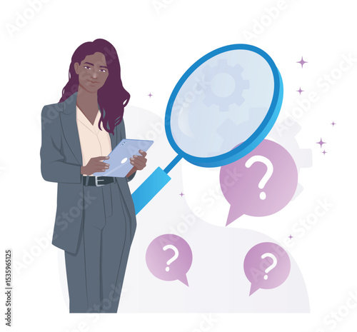 Businesswoman holding a tablet, standing beside a large magnifying glass with question marks on a light background, symbolizing research or search. Vector illustration
