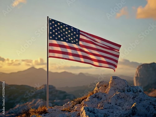 US Flag Sunset Mountain Peak.