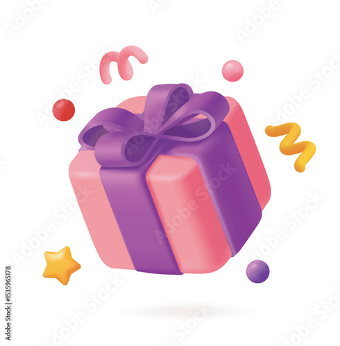 Pink gift box with purple ribbon floating among colorful decorative elements, soft 3d cartoon style on white background. Concept of celebration and surprise. Vector illustration