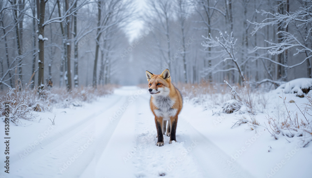 Fototapeta premium Silver birch forest in soft snowfall with a lonely fox standing still 