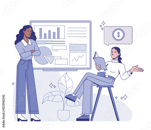 Two women discussing financial data with graphs and charts on screen, modern flat style, indoor white background, concept of business strategy. Vector illustration