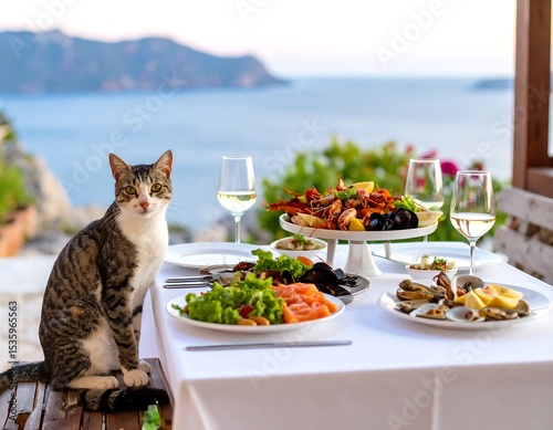 Cat at seaside dining table