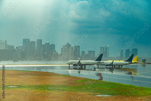 airplane in Boston airport and Boston skyline in the rain