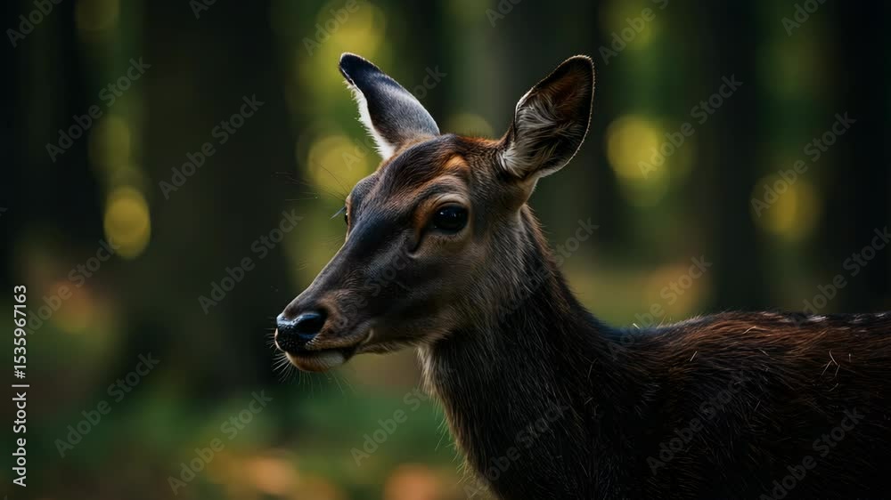 Close Up Brown Deer Portrait in Forest with Bokeh Background Wild Animal Close Up Brown Deer Portrait in Forest with Bokeh Background Wild Animal