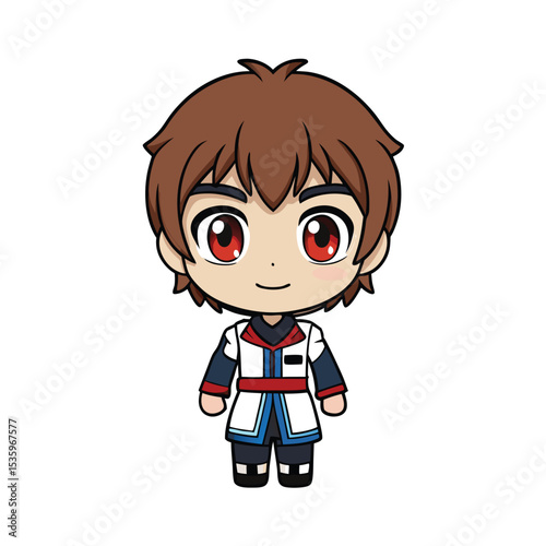 Cute anime boy character with brown hair, big red eyes, and a stylish outfit