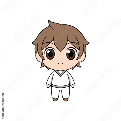 Cute cartoon boy in white martial arts uniform