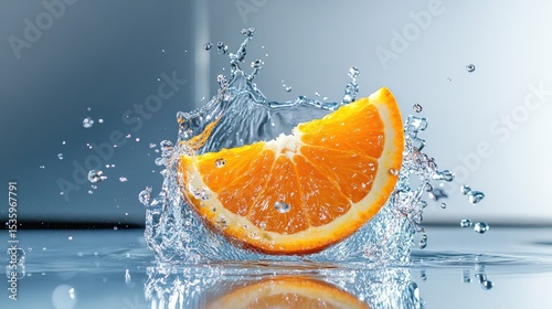 Fresh orange slice captured mid-splash in clear water, high-resolution studio photo with crisp detail