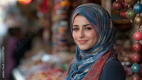 Young woman with hijab, market, and India.