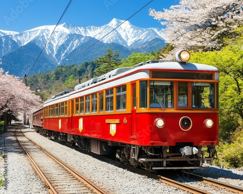 Scenic train journey through cherry blossoms and snowy mountains japan photography nature landscape view travel concept