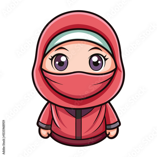 Cartoon female character in red hijab and jacket, anime style