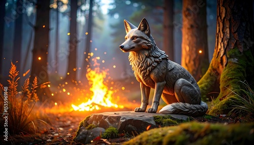 Fox statue by campfire