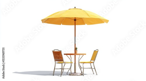Sunny Yellow Patio Umbrella Table Chairs Summer Outdoor Cafe Bistro Relaxing Setting Yellow Chairs Wooden Table Metal Chairs Summertime Relaxation Sunny Day Pleasant Atmosphere 3d 