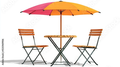 Summer Patio Set Wooden Chairs Table Orange Pink Umbrella Relaxing Outdoor Furniture Garden Bistro Cafe Setting Sunny Daytime Idyllic Scene Perfect Summertime Relaxation 3d warm   