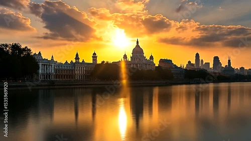 Spectacular sunset view of the Victoria Memorial reflected in the calm lake water