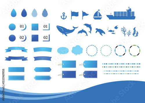 Ocean and water themed vector elements. Blue gradient set. Sea Life, marine Icons,decorations. Silhouette design.
