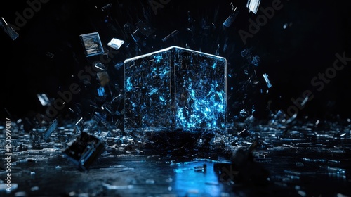 Abstract 3D cube emitting electric blue light pulses, surrounded by motion trails in tech-inspired background