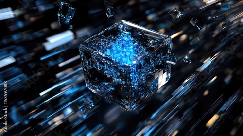 Abstract 3D cube emitting electric blue light pulses, surrounded by motion trails in tech-inspired background