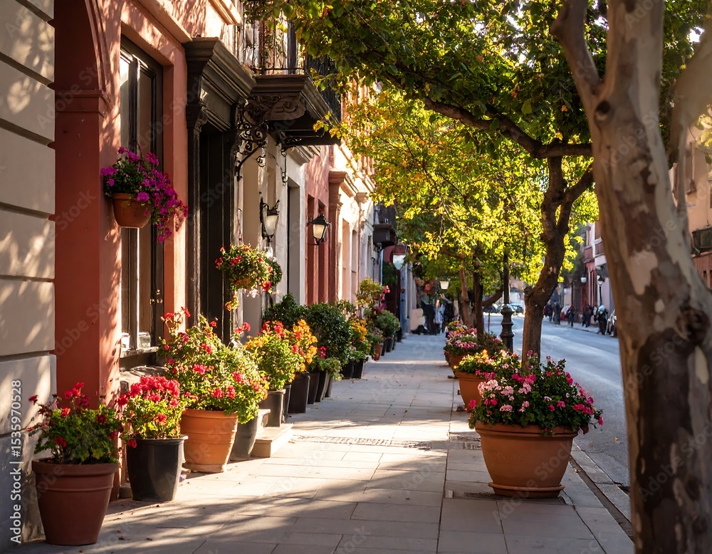 Fototapeta premium Colorful urban street lined with flowers