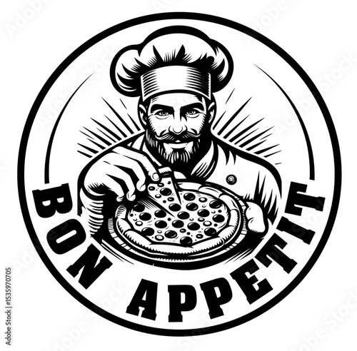 A chef is holding a pizza and the logo says Bon Appetit