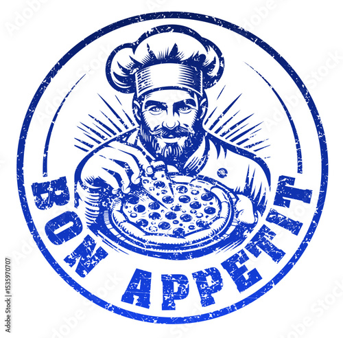A blue and white logo of a chef holding a pizza