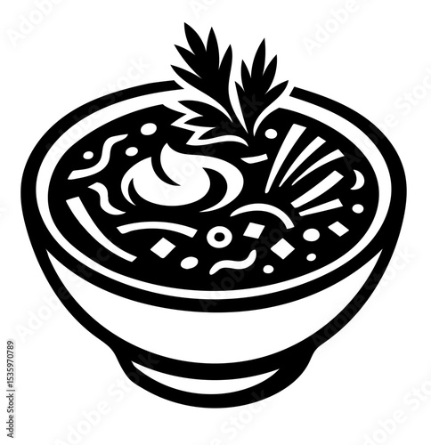 A bowl of borsch. The soup is a mix of vegetables and meat