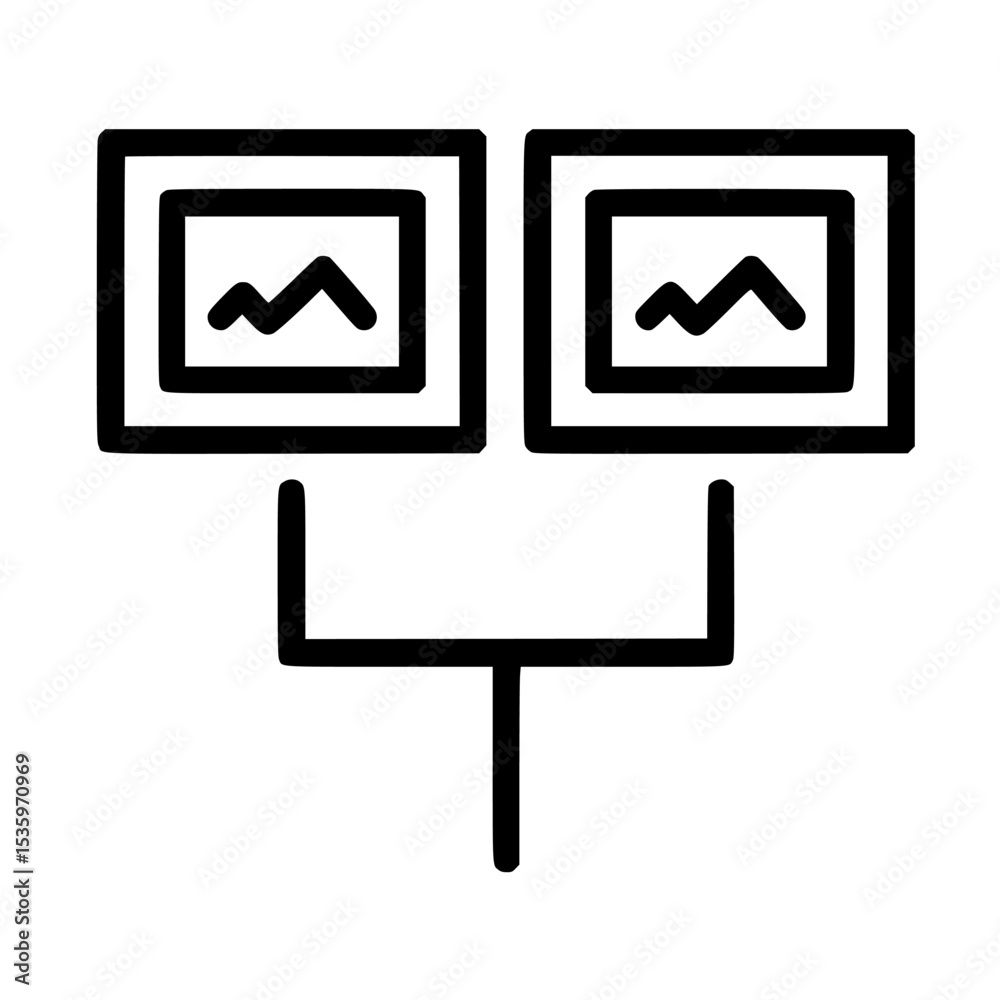 Two framed images connected by a support structure, suggesting a comparison or dual display. Two framed images connected by a support structure, suggesting a comparison or dual display.