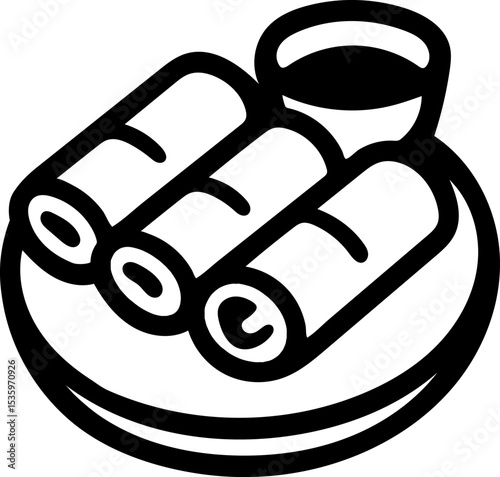 Three pieces of spring rolls on a plate with a dipping sauce.