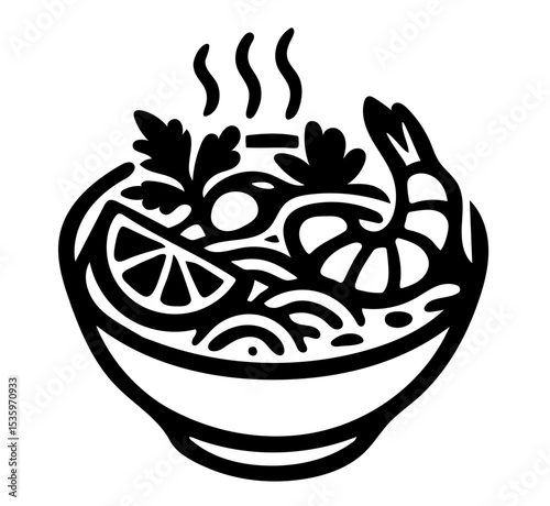 A bowl of food with shrimp, shrimp, and vegetables