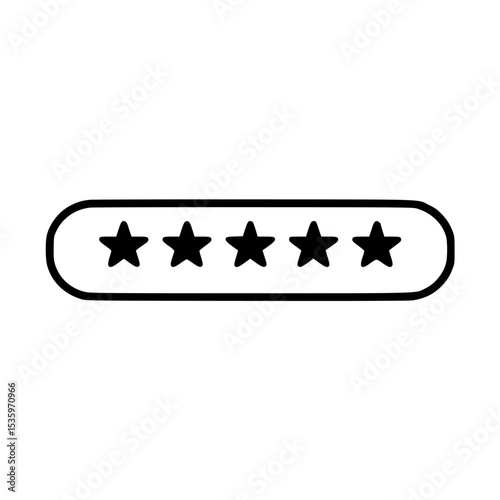 A black and white illustration featuring five stars within a rounded rectangle.