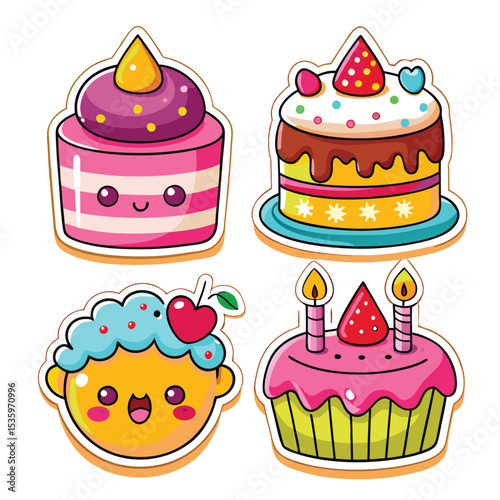 Cute cartoon cakes and cupcakes with smiling faces