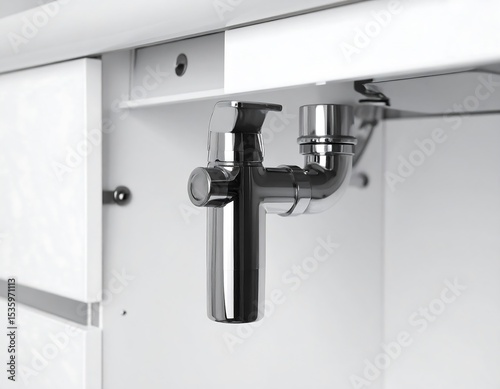 Chrome drain faucet under white cabinetry