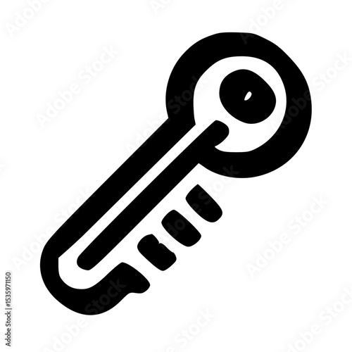 Black and white graphic illustration of a key, simplified icon style, on a white background.