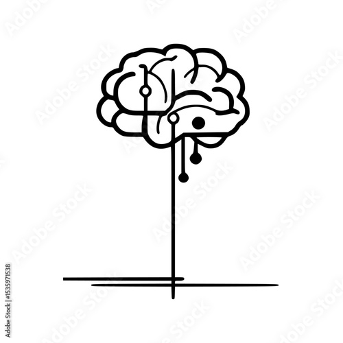 Stylized brain illustration with circuit board elements, resembling a tree with a trunk and roots.