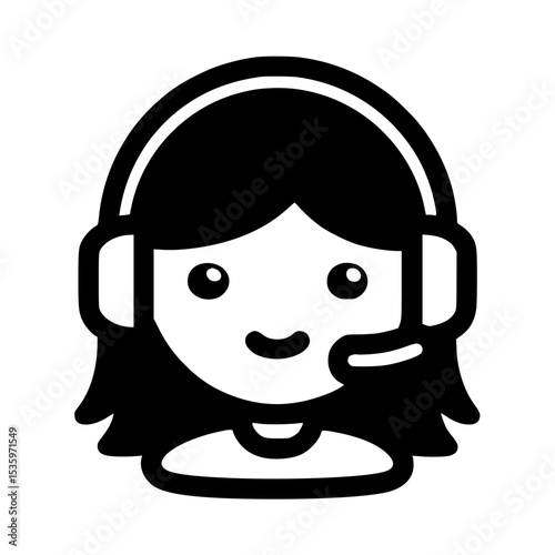 A simple black and white illustration of a woman wearing a headset, smiling.
