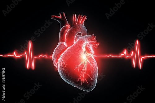 Human Heart Anatomy Red Glowing Detailed 3D Model Medical Science Illustration Healthcare Cardiology  Organ Blood Vessels Pulse Heartbeat  Realistic  Digital Art Graphic body life 