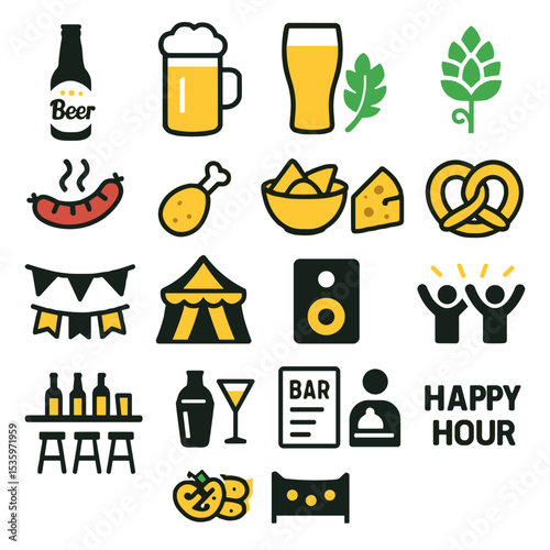 Beer festival icon set in flat style with food, drinks, party and entertainment symbols in yellow, green and black on white background for Oktoberfest and beer events