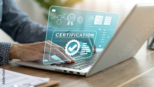 Person obtaining online certification on laptop computer