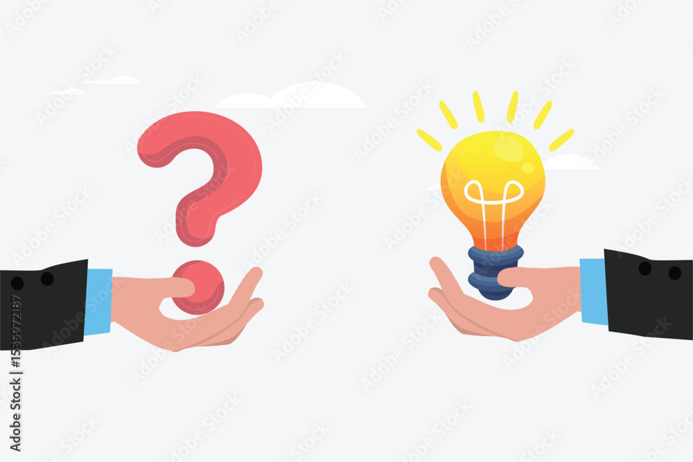 Business Solution and FAQ Concept – Hand Holding Question Mark and Lightbulb as Answer, Representing Problem Solving, Ideas, and Support Business Solution and FAQ Concept – Hand Holding Question Mark and Lightbulb as Answer, Representing Problem Solving, Ideas, and Support