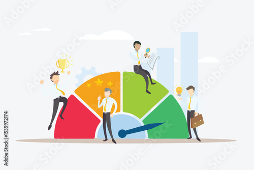 Employee Engagement and Motivation Concept – Happy Business People with Stars Representing Job Satisfaction, Commitment, Productivity, and Recognition