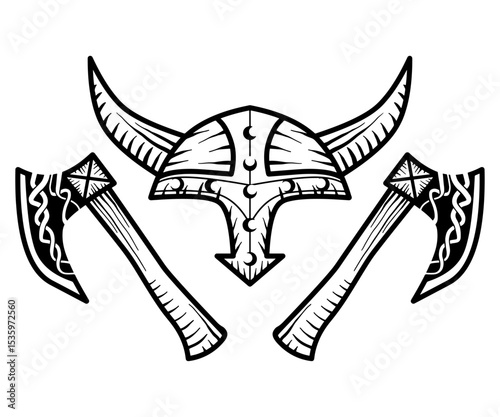 Hand drawn sketch of viking axe and viking horned helmet