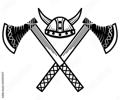 Hand drawn sketch of crossed viking axes and horned viking helmet